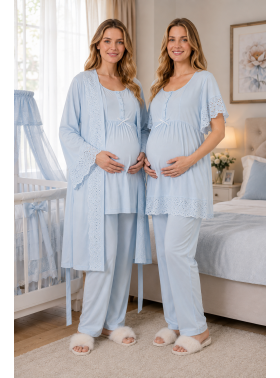 RİMEL Mavi Kısa Kollu Dantelli Lohusa Pijama Takım Sabahlık 33011